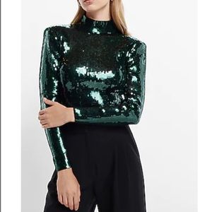 Emerald Green Sequin Mock Neck Long Sleeve Thong Bodysuit size small